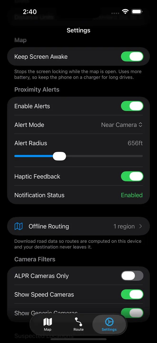 You’re Flocked settings for camera types and alert preferences.