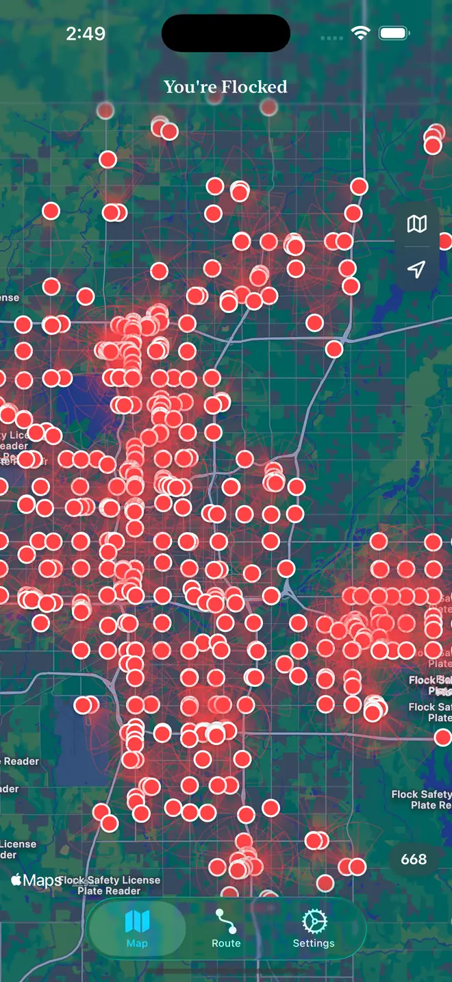 The You’re Flocked camera map showing community-mapped cameras around Oklahoma City.