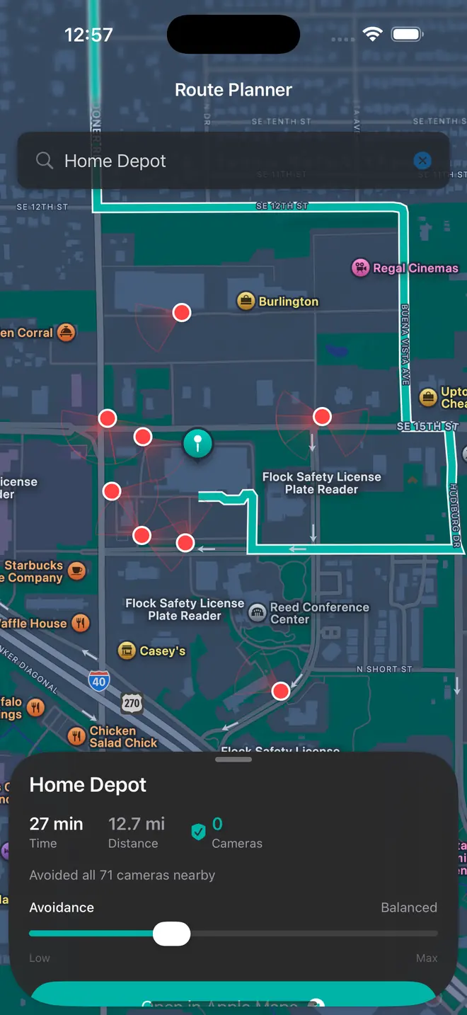 The You’re Flocked route planner showing a teal route around nearby cameras.
